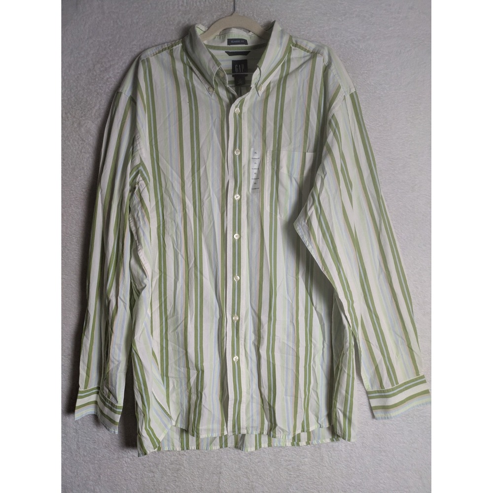 NEW Gap Button Up Shirt Men's XL Green Blue Striped Classic Fit Long Sleeve